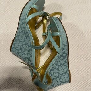 COACH-Robins Egg Blue and Gold Wedge Shoes Size 9.5- stunning
